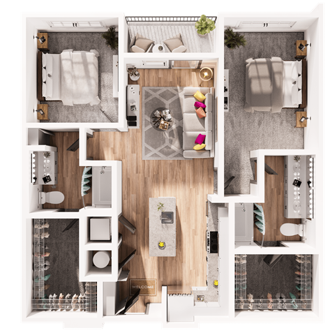 a 3d floor plan of a house with a bedroom and a living room